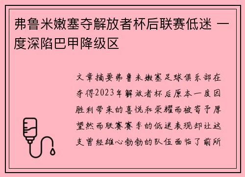 弗鲁米嫩塞夺解放者杯后联赛低迷 一度深陷巴甲降级区